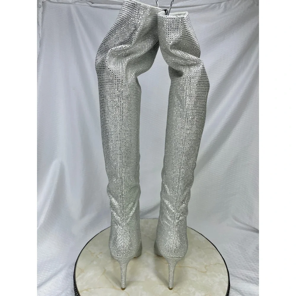 Aldo Rhinestone Over-the-Knee Stiletto Boots Womens 6 Silver Sparkly Pointed Toe